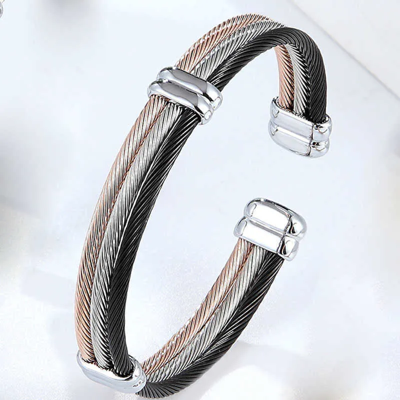 4 Styles Cable Bracelet Adjustable Size Cuff Bangle for Women New Arrival Spring Wire Line Titanium Steel Jewelry Wholesale Q0719