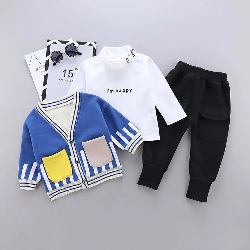 Spring Autumn Children Cotton Clothes Baby Boys v-neck Coat T Shirts Pants /sets Infant Kids add velvet Toddler Tracksuits X0902