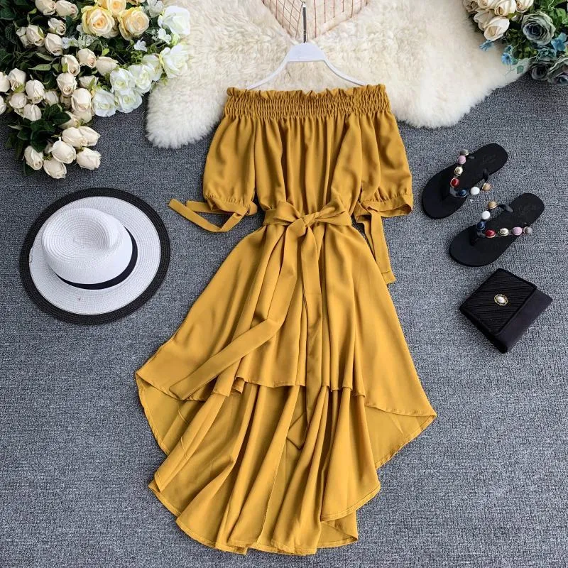 Woherb Summer Casual Chiffon Off Shoulder Bandage Dress Women 2021 Sexy Asymmetrical Ruffle Dresses Vestidos De Festa 210303