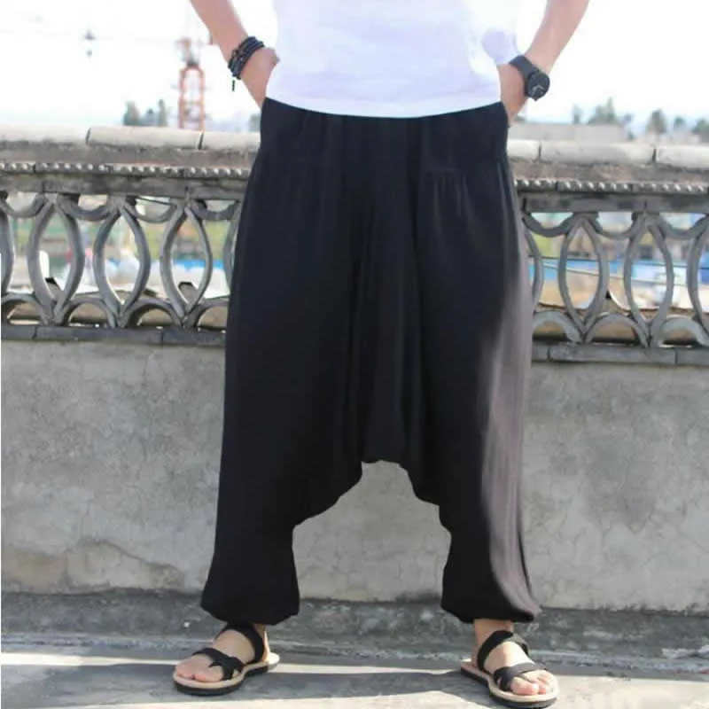 Pantaloni stile harem taglie forti Uomo Hiphop Pantaloni larghi larghi in cotone Lino Grande cavallo basso Pantaloni larghi Pantaloni da ballo Abbigliamento maschile X0723