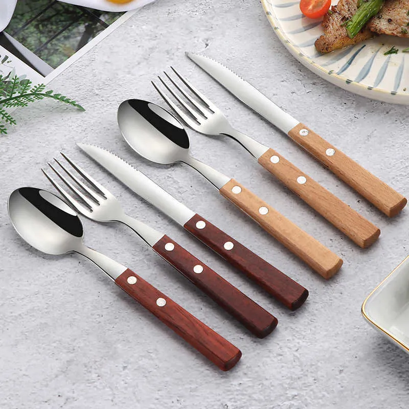 Bordwellware Silverware Porslin Gaffelsked Kniv Ställ Bestick Kök Torger av rostfritt stål med trähållare 210928