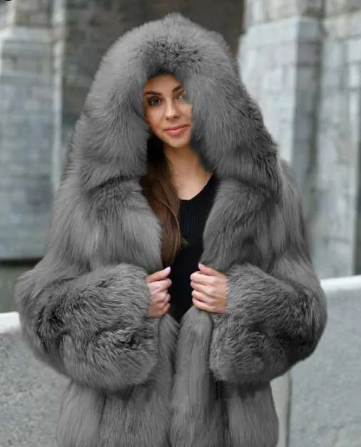 ファッションフード付き人工毛皮コート女性の暖かい緩い模造毛皮コート211207