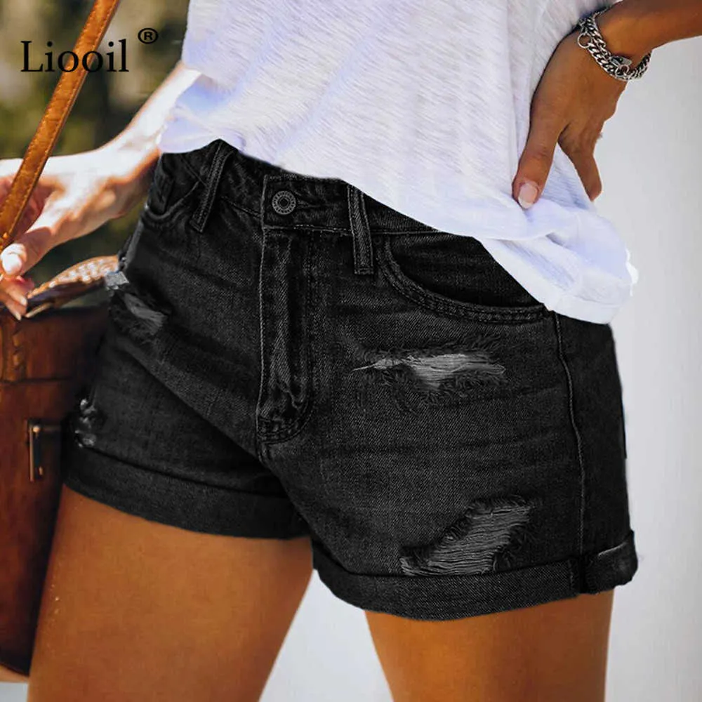 Liooil Ripped Jeans Shorts pour femmes Summer Streetwear avec poche Zipper Sexy Noir Bleu Femmes Taille haute Stretch Denim Short 210719