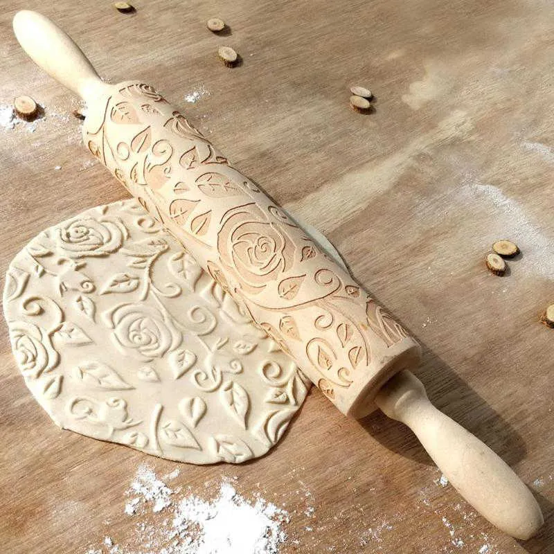 Solid Wood Roller Embossed Biscuit Rolling Pin Engraved Pattern Rolling Pin Printing Kitchen Baking Fondant Tool 211008