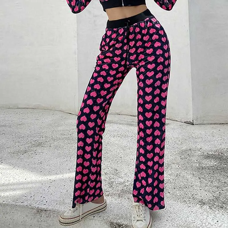 2021 NIEUWE Pink Heart Print Fluwelen Broek Dames Hoge Wasit Baggy Rechte Lange Broek Zomer Casual Sportieve Fitness Outfits Broek Q0801