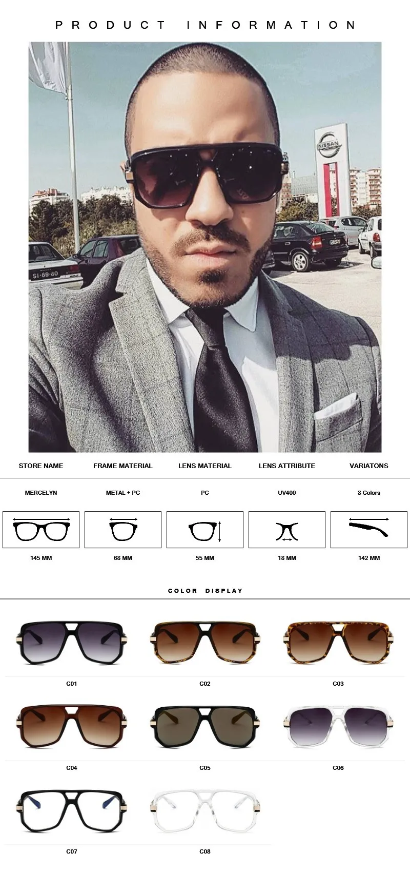 대형 남성 패션 선글라스 빈티지 디자이너 브랜드 남성 Sun Glasses Square 프레임 그라디언트 UV400 Shades7680327