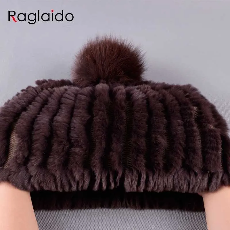 Raglaido Gebreide Pompom Hoeden voor Vrouwen Mutsen Effen Elastisch Rex Konijnenbont Caps Winter Hoed Skullies Mode Accessoires LQ11219 2319I