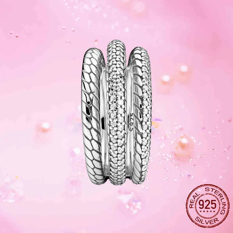 925 Sterling Silber Triple Band Pave Schlangenkettenmuster Ring für Frauen Feiner Hochzeits-Verlobungsschmuck GIF