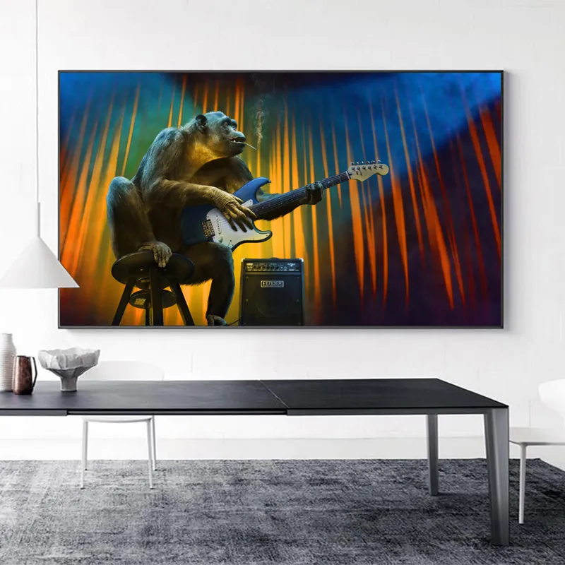 Maymun Poster Gorilya Hayvan Baskılar Duvar Sanatı Resimleri Oturma Odası Için Tuval Boyama Ev Dekor Kapalı Süslemeleri Müzik Gitar