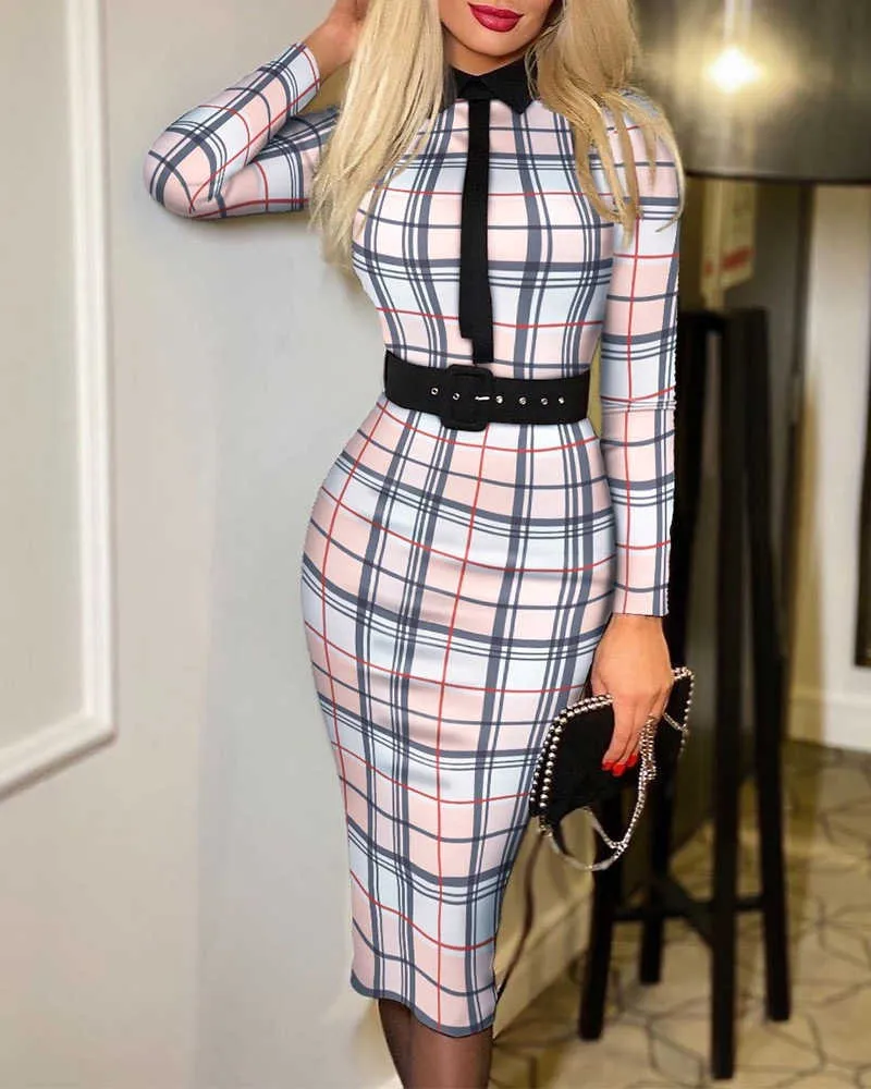 Autumn Fashion Elegant Tight Dress Women Office Ladies Plaid Print Belt Long Sleeve Dress Y1006