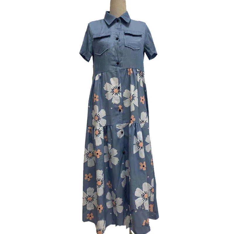 Summer Print Denim Dress Women 2021 Casual Button Up Pocket Blue Short Sleeve Maxi Dresses Plus Size Long Dresses Vestidos 5XL Q0712