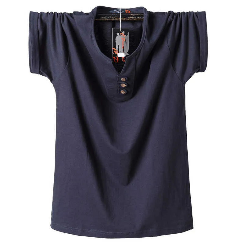 夏のVネックボタン緩い半袖Tシャツプラスサイズのファッションブランド古典的な若い男性コットンTシャツ5xl 6xl 7xl 8xl 210531