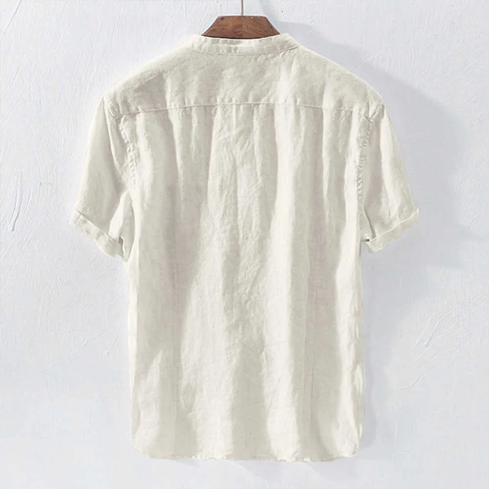 Мужские рубашки хлопчатобумажные льняные кнопки вниз стоять воротник лето с коротким рукавом свободная блузка равнина над размером рубашки с карманом 5XL 210721