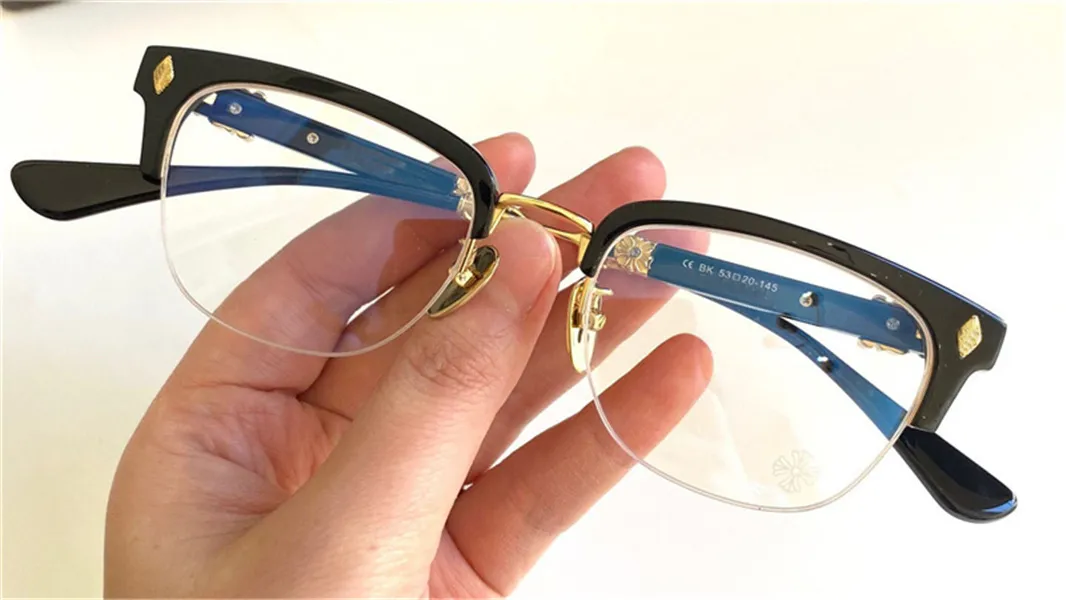 رجال ريترو النظارات البصرية البوب ​​إيفا بانك تصميم مربع نصف إطار مع مربع جلدي HD العدسة واضحة أعلى جودة 225F