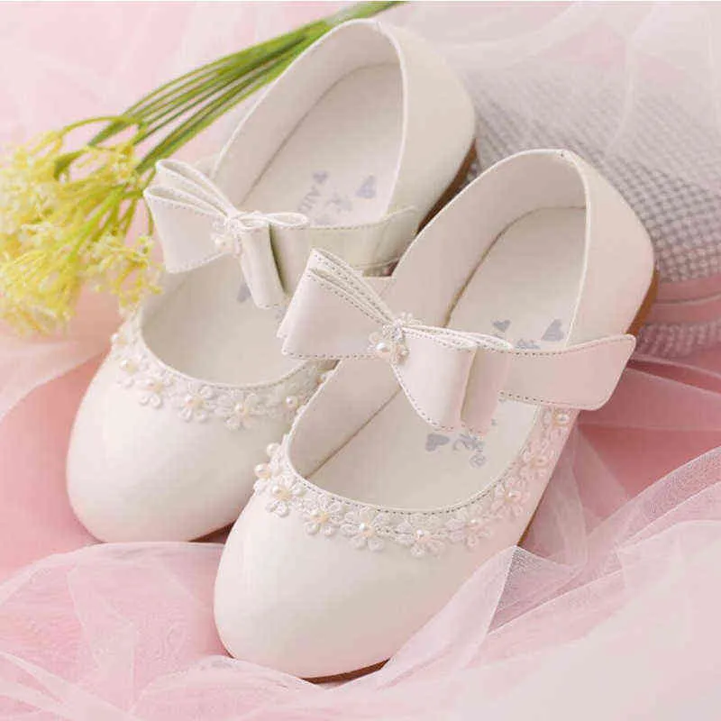 Çiçek Çocuk Kız Beyaz Kırmızı Patent Deri Prenses Ayakkabı Küçük Kızlar Için Okul Yay Düğün Parti Dans Elbise Ayakkabı Ayakkabı AA220311