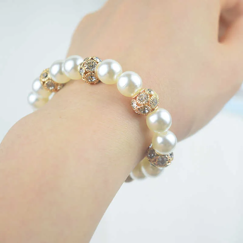 Жемчужный браслет Кристалл Дамы упругие посеребренные золотые Clastic Bridal для женщин Jewelr Q0719