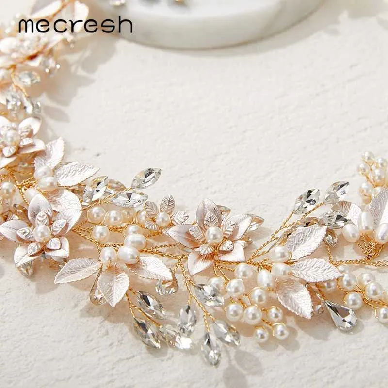 Mecresh Gesimuleerde Parel Handgemaakte Goud Kleur Bruids Haarspelden Crystal Flower Bruiloft Haaraccessoires Hoofdband Ornamenten MTS111 x0625