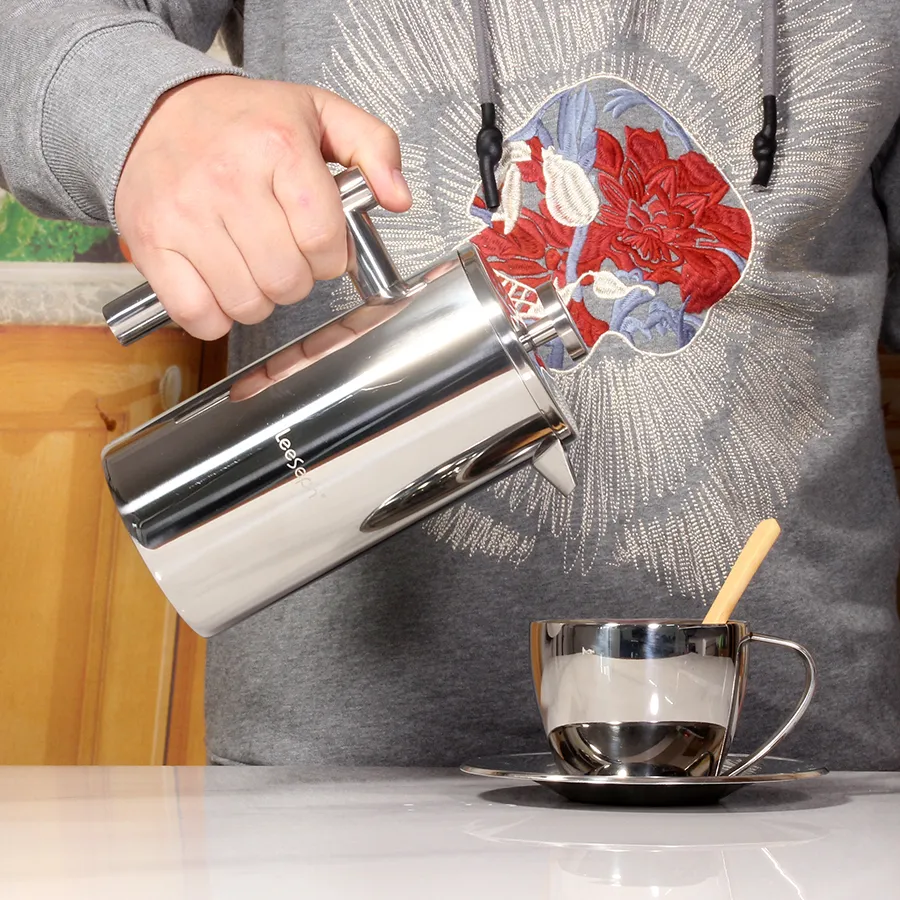 Beste French-Press-Kaffeemaschine – doppelwandiger Edelstahl 304 – hält gebrühten Kaffee oder Tee heiß – Größe 3 mit Verschlussclip/Löffel 210309