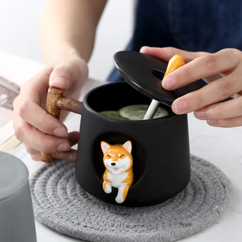 Criativo bonito artesanal shiba inu caneca com tampa colher cerâmica canecas de cachorro copo personalizado para café chá cozinha utensílios de mesa amor presente l263i