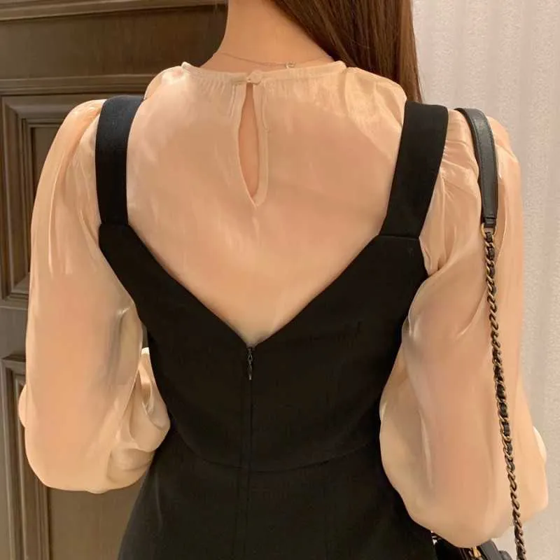 Sexy O Neck Glossy Long Sleeve Blouse Transparent Tops Slim Wrap Hip Black Split Tank Dress Women Fashion OL Retro Elegant 210610
