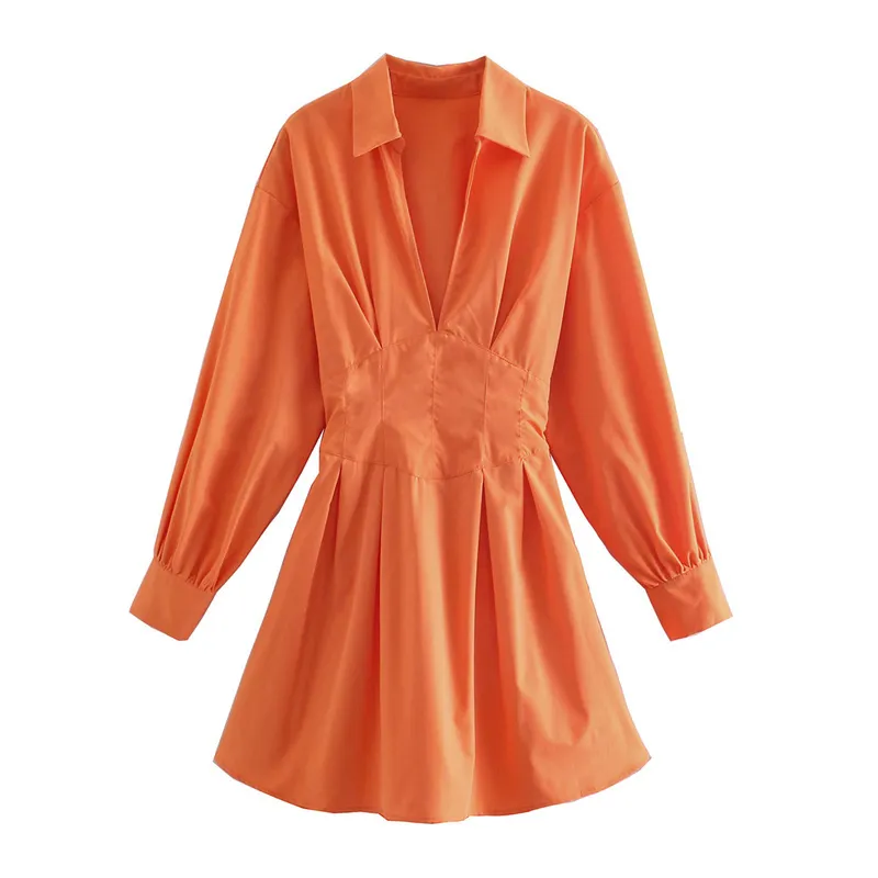 Casual Woman Orange Slim Hollow Out Shirt Dress 2021 Spring Lacing V Neck Beach Korta Klänningar Tjejer Y2K High Waisted Dresses X0521