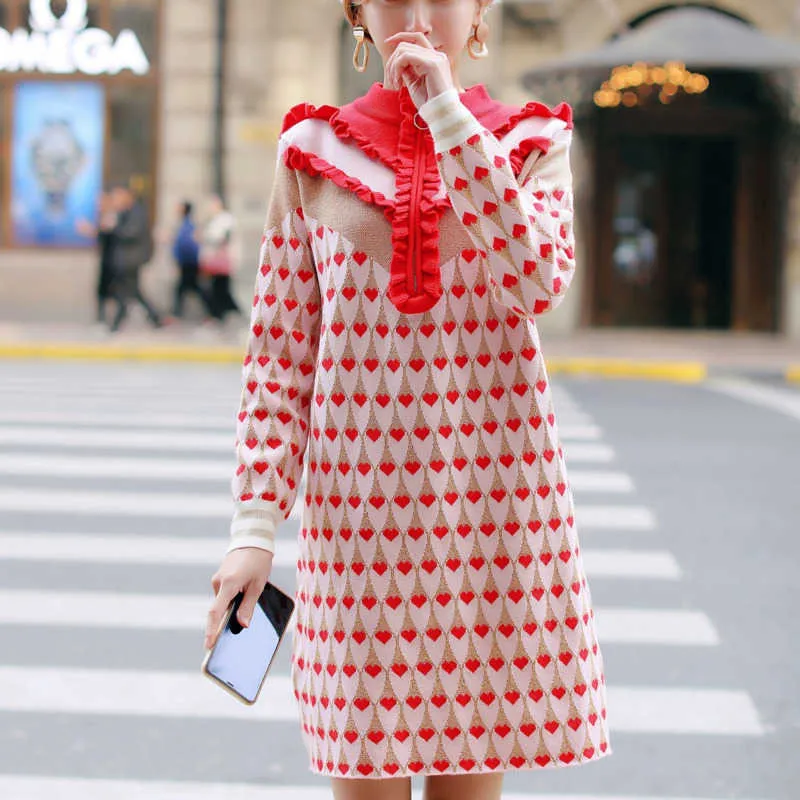 Korea Höst och Winter Stand Collar Fullständiga ärmar Red Contrast Colors Zippers Pullover Knitting Dress Y089 210603