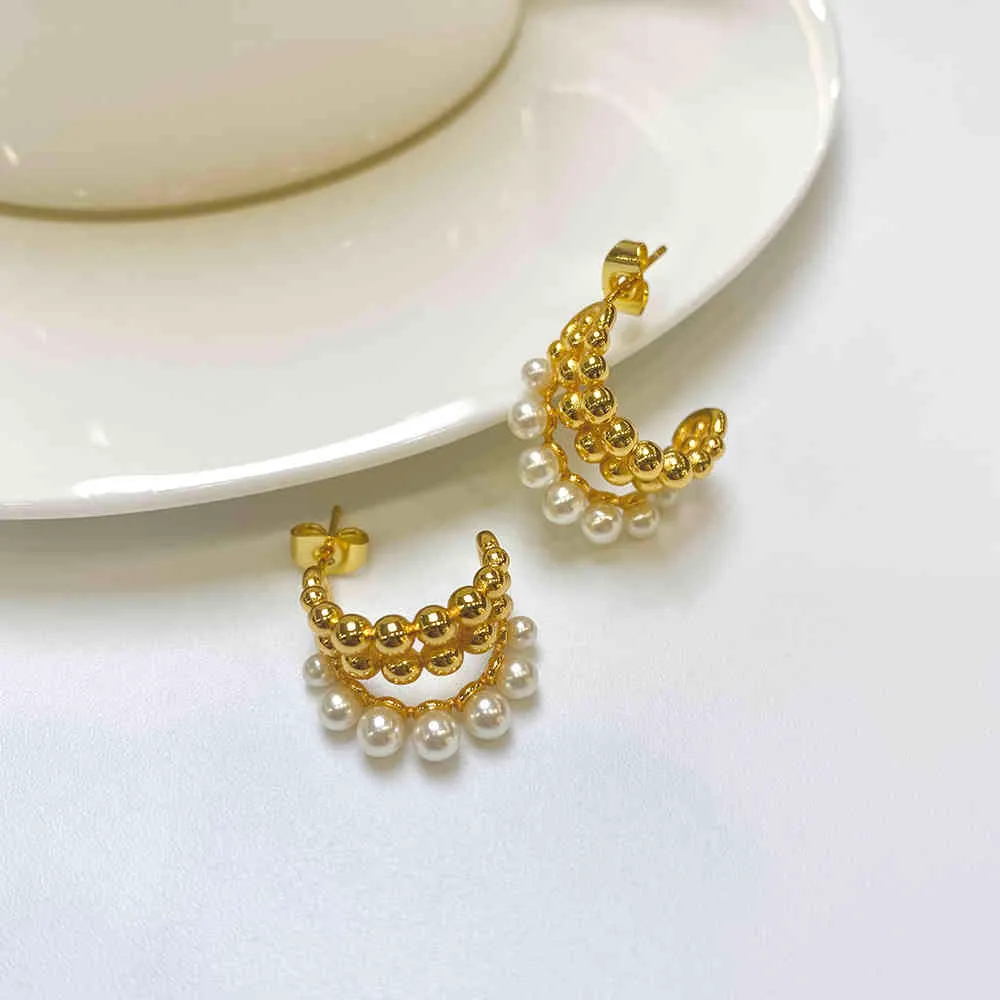 H9 Amorita Boutique Trendy Orecchini a cerchio con perle carine a tre strati Donna Ragazza Orecchini in oro regalo 2021