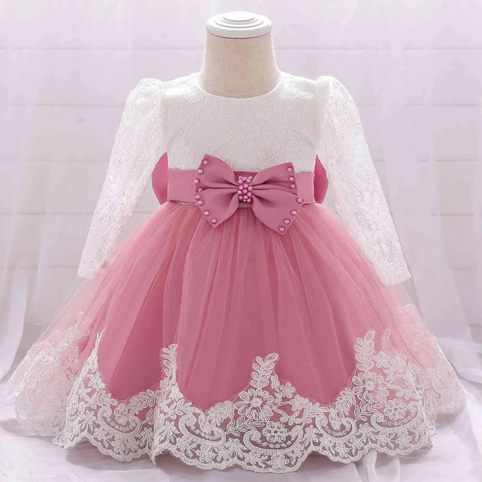 Noworodek Długie Rękaw Baby Girl Sukienki Party Ślubna Dziewczyna Koronki Big Bow Dresses Infant Girl 1st Urodziny Księżniczka Chrzest Dress G1129