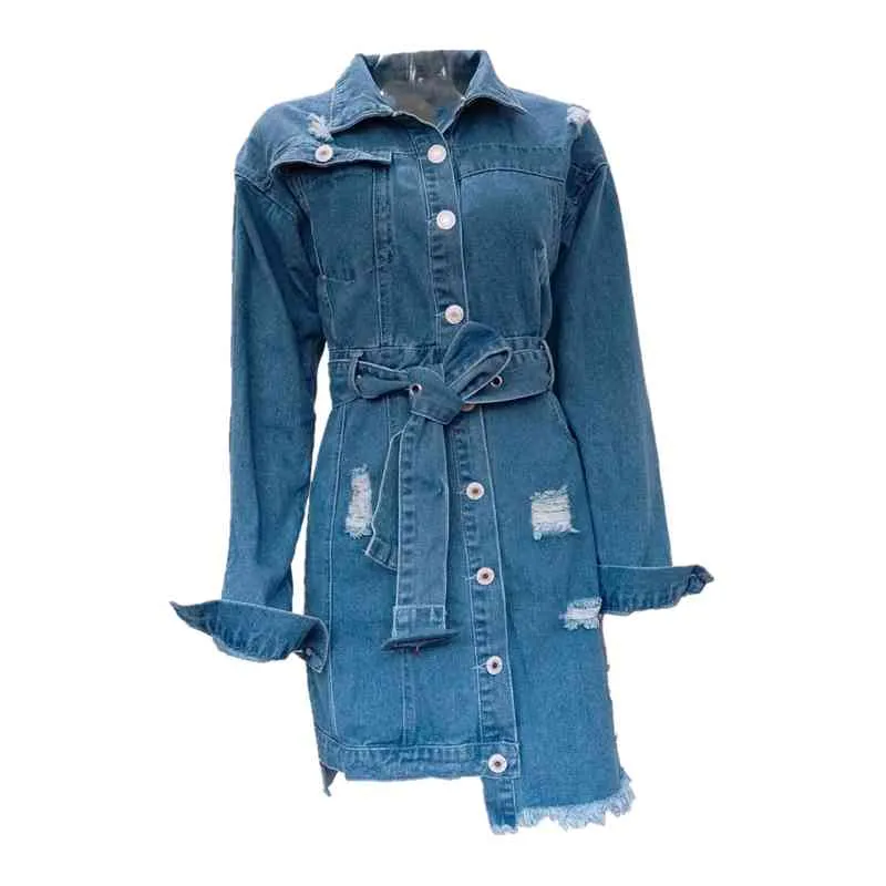 Kvinnor Casual Blue Spring Denim Dress High Street Turndown Collar Långärmad Singelficka Klänning 2021 Mode Vintage Belt Dress X0521