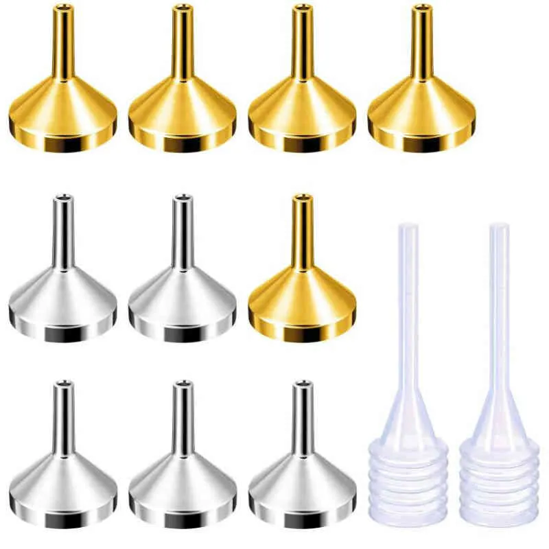 10/12 adet Mini Metal Funnels Küçük Ağız Sıvı Yağ Funnels Boş Şişe Dolum için Plastik Pipet Parfümler için Esansiyel Yağlar