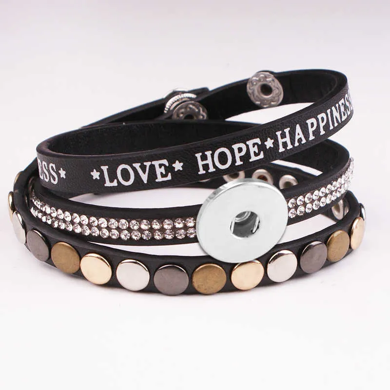 Ny Mode Kärlek Hopp Lycka PU Läder 18mm Snap Button Armband NA7505 Q0719