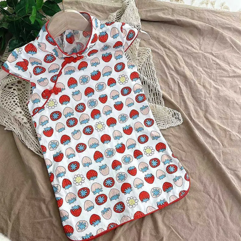 Girl Dress Chinese Style Summer Dress for Kids Girl Fruit Printed Girl Elegant Dress Children Clothes Kids Wear 210715