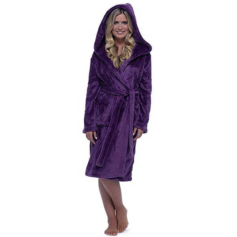 Plush Bathrobe Women Warm Hooded Robe Ladies Casual Flannel Kimono Bath Robes Dressing Gowns Pijama Mujer 210924