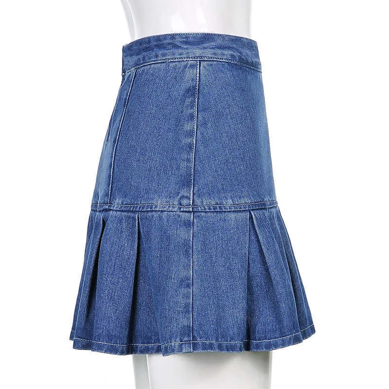 Casual vintage y2k geplooide denim rokken vrouwen streetwear Koreaanse hoge taille rok mode zomer mini -outfits 2000s cutepscho y0824