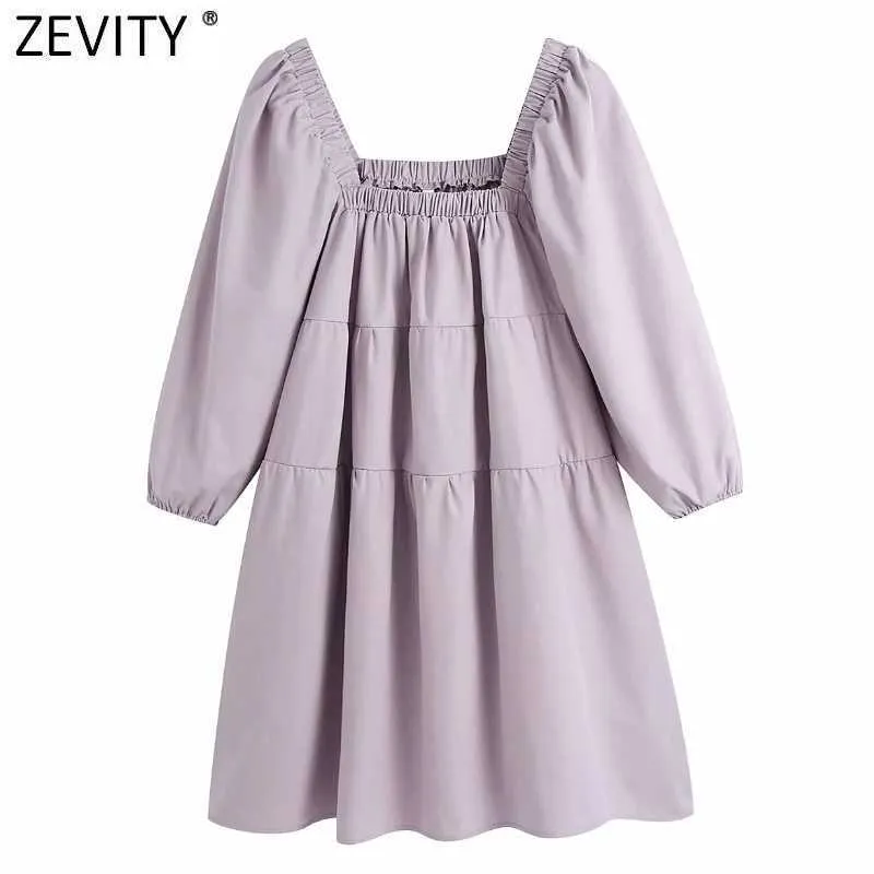 ZEVITY Women French Style Solor Elastic Pleat Straight Mini Dress Ladies Puff Sleeve Vestido Chic Casual Dresses DS8325 210603
