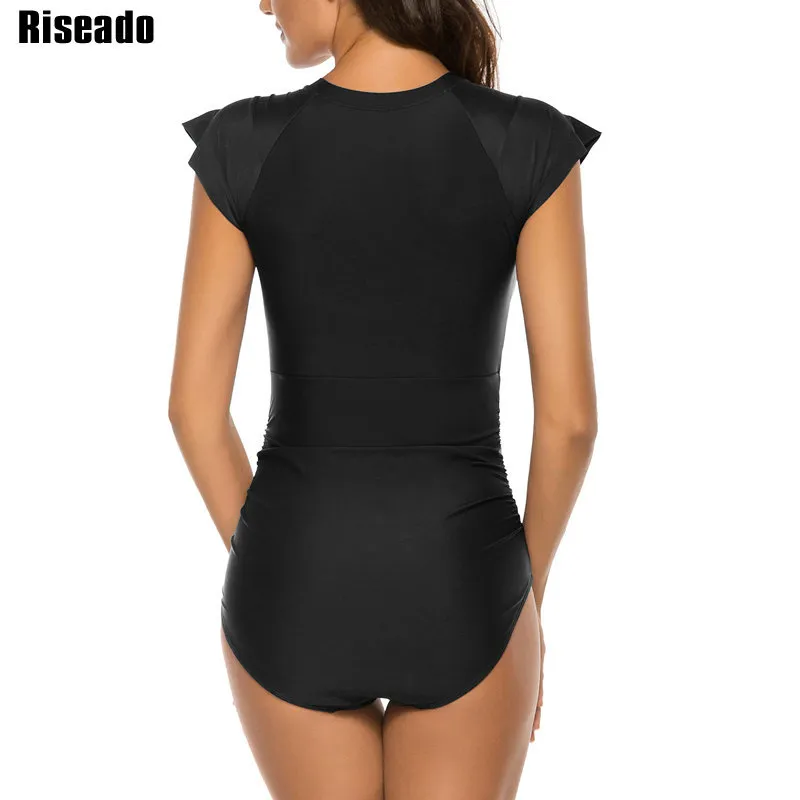 Riseado Costumi interi a maniche corte Costumi da bagno Rash Guard Costumi da bagno sportivi Costumi da bagno donna Zip Front Beach Surf XXL 210315