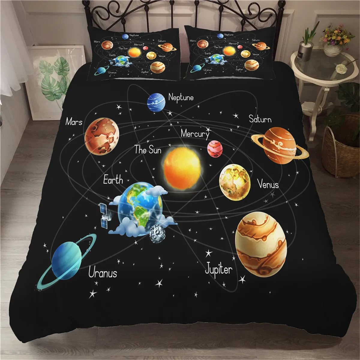 Cartoon Solar System Duvet Cover Set Galaxy Planets Sängkläder Mjuk Mikrofiber Singel Dubbelsäng Satser PillowCase Svart bakgrund 210309