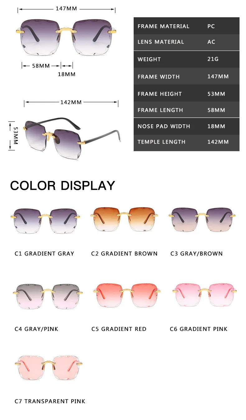 2021 platz Randlose Sonnenbrille Frauen Luxus Marke Designer Sommer Rote Brille Mode sonnenbrille Für Männer UV400 Shades Oculos