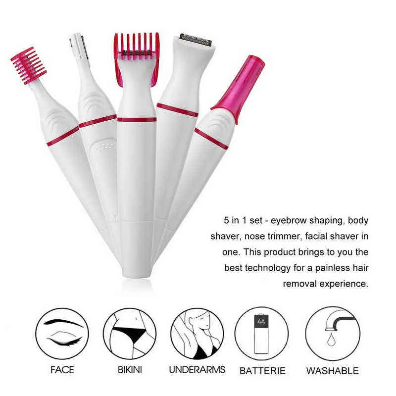 5 In 1 Women Hair Remover Face Eyebrow Trimmer Electric Shaver Washable Painless Bikini Underarm Legs Body Depilatory Epilator 220124