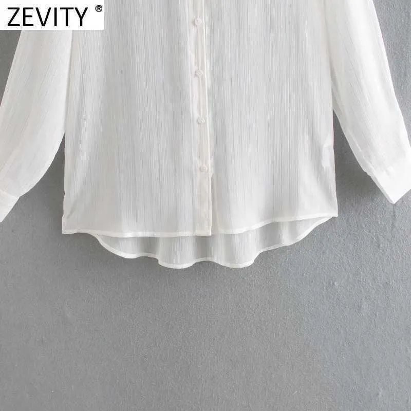 Zevity Donna Moda Metallo Stampa a righe Camicetta grembiule trasparente Camicie da ufficio sexy da donna Camicie chic Blusa Top LS7562 210603