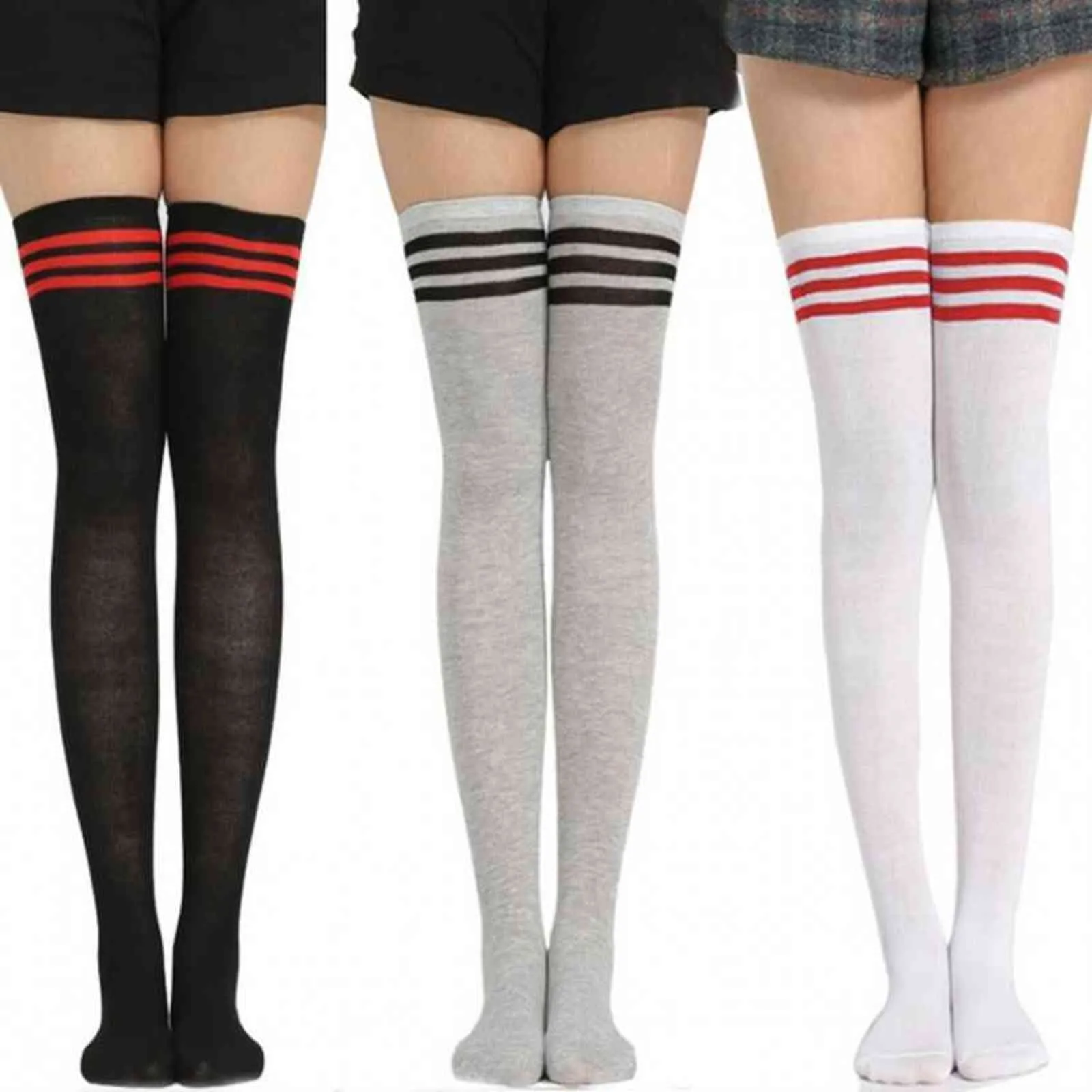 Femmes rayé chaussettes mode bas coton cuisse haute sur le genou coton chaussettes hautes filles femmes collège Style longue genou chaussette Y1119