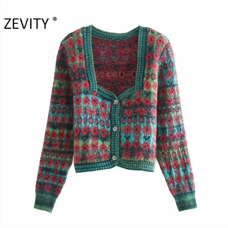 Zevity femmes Vintage col carré fleur imprimé Jacquard tricot pull femme à manches longues Chic Cardigans manteau hauts S652 210914
