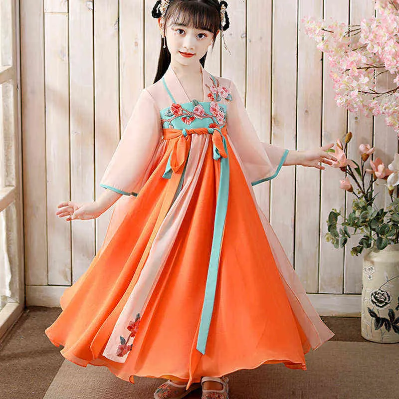 11 12 13 14 15 år Barn Forntida kostym Hanfu Girl Sommar Vårklänning Fairy Tang Kinesisk Traditionell Barn Scen Folkklänning G1218