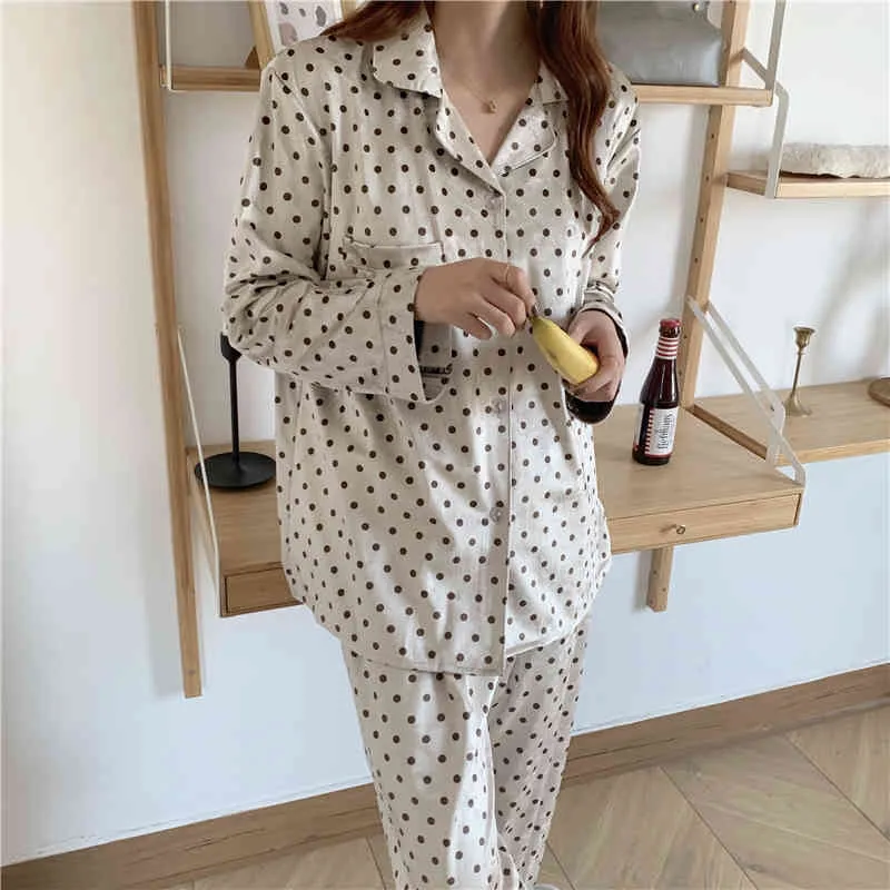 Deux pièces costume à pois impression vêtements de nuit doux doux décontracté Homewear élégant lâche mode maison pyjamas ensembles 210525