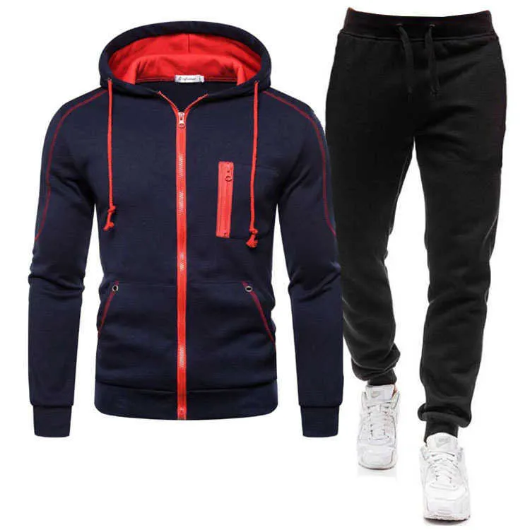 2 Pièces Ensembles Survêtement Hommes Automne Zipper Sweat À Capuche + Pantalon Solide Sporting Fitness À Capuche Survêtement Veste Joggers Costume 210806