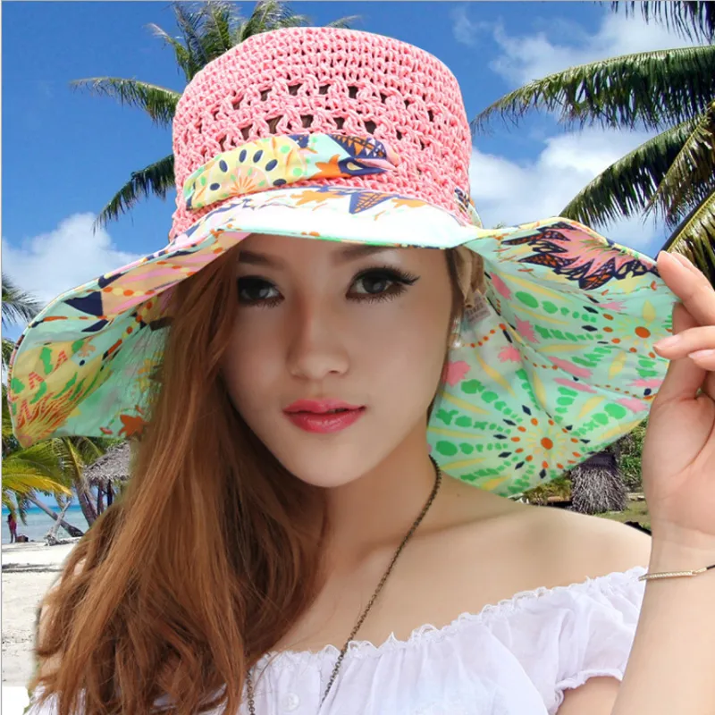 Fashion Sun Hat for Womens Holiday Beach Straw Female Hollow Bow Summer Big Brim Fold UV Protect Floppy 220312209S