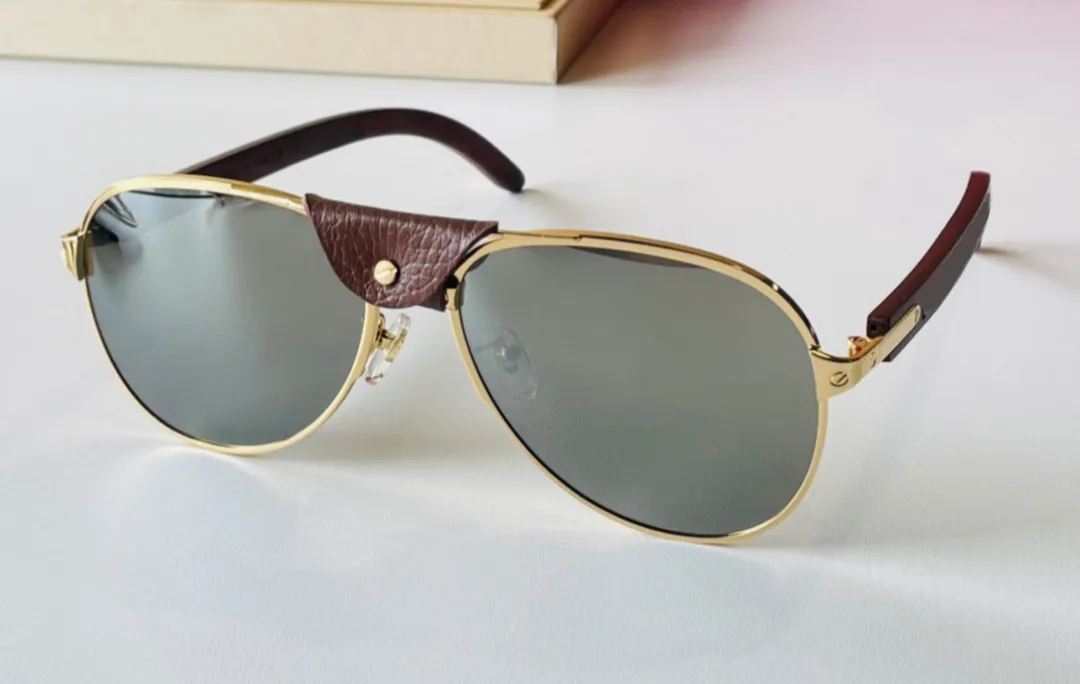 Óculos de sol piloto vintage, lentes gradientes azuis, madeira, dourado, metal, para homens, acessórios de moda com box273m