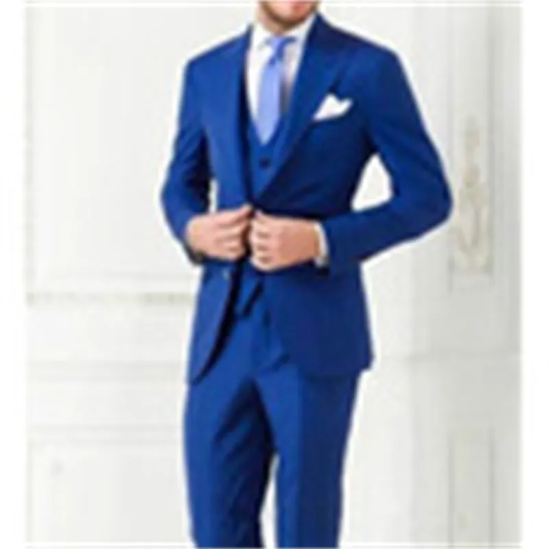 Beau Cool Terno sur mesure mode hommes costumes mince cran revers un bouton ciel veste pantalon gilet marine bleu cravate mouchoir