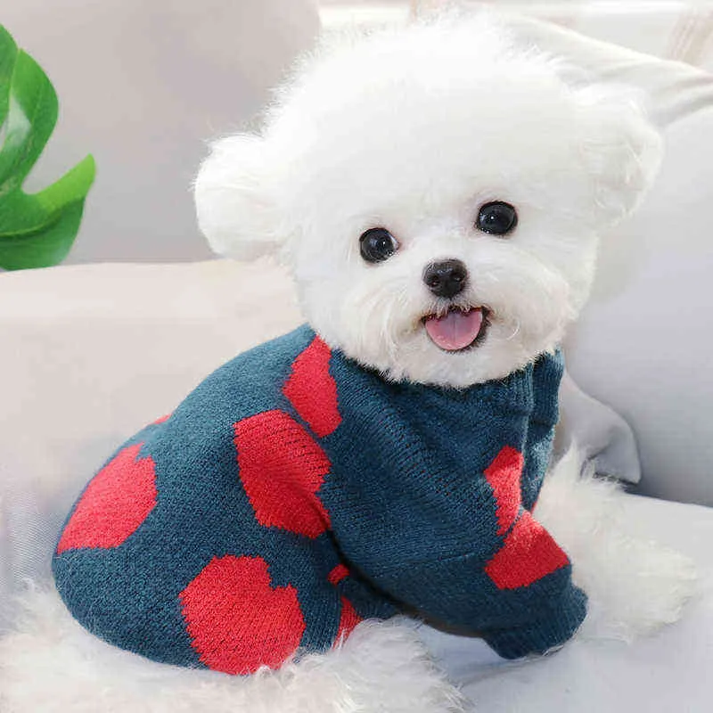 Осень и зимняя одежда любовь печатание Pet Teddy Cat Bichon Pomeranian VIP маленькая собака Шнауцер вязаный свитер 211027