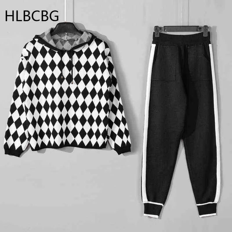 HLBCB Mode Tenues Casual Femmes Automne Pantalon Décontracté Ensemble À Manches Longues Hoodies Plaid Tops Pantalon Lâche Survêtement Deux Pièces Ensemble 211126